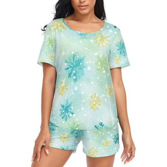 joogoo Women's Pajama Set Snowflakes Christmas Short Sleepwear Loungewear with Pockets L