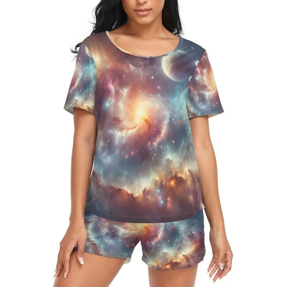 joogoo Women's Pajama Set Space Universe Short Sleepwear Loungewear with Pockets L