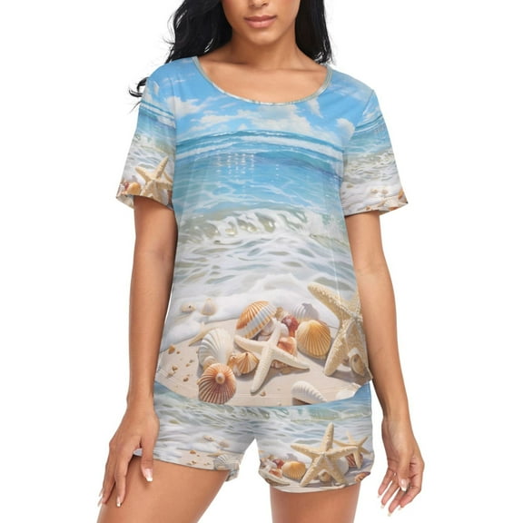 joogoo Women's Pajama Set Starfish Seashell on Beach Short Sleepwear Loungewear with Pockets XXL
