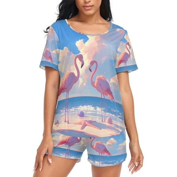 joogoo Women's Pajama Set Summer Flamingo on Beach Short Sleepwear Loungewear with Pockets XL