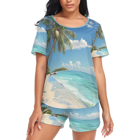 joogoo Women's Pajama Set Summer Palm Tree Beach Short Sleepwear Loungewear with Pockets L