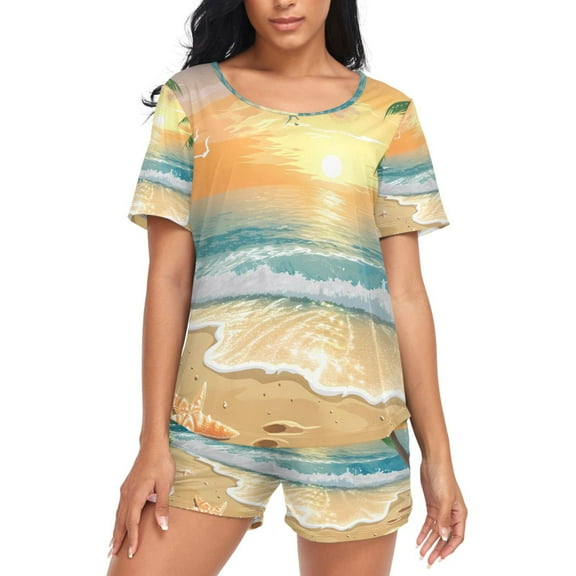 joogoo Women's Pajama Set Sunset Palm Tree and Beach Short Sleepwear Loungewear with Pockets XXL