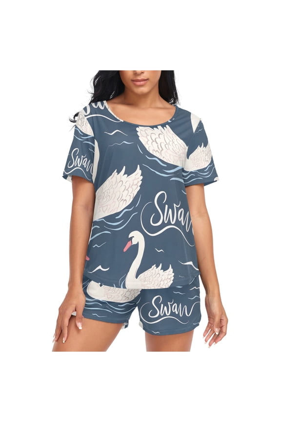 Women's Pajama Set Swan Swimming on River Short Sleepwear Loungewear with Pockets XL