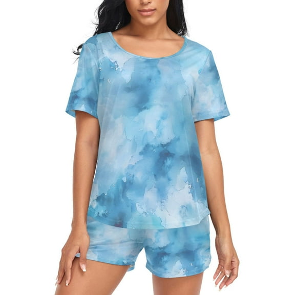 joogoo Women's Pajama Set Watercolor Blue Short Sleepwear Loungewear with Pockets XL