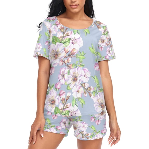 joogoo Women's Pajama Set Watercolor Spring Flowers Short Sleepwear Loungewear with Pockets XXL