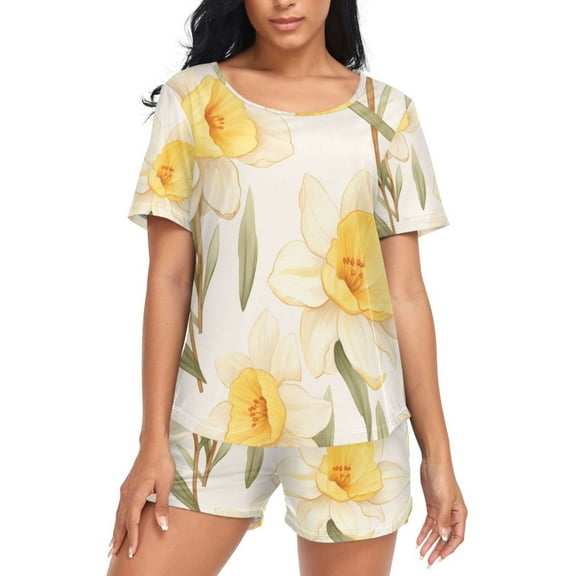 joogoo Women's Pajama Set Yellow Flower Short Sleepwear Loungewear with Pockets M