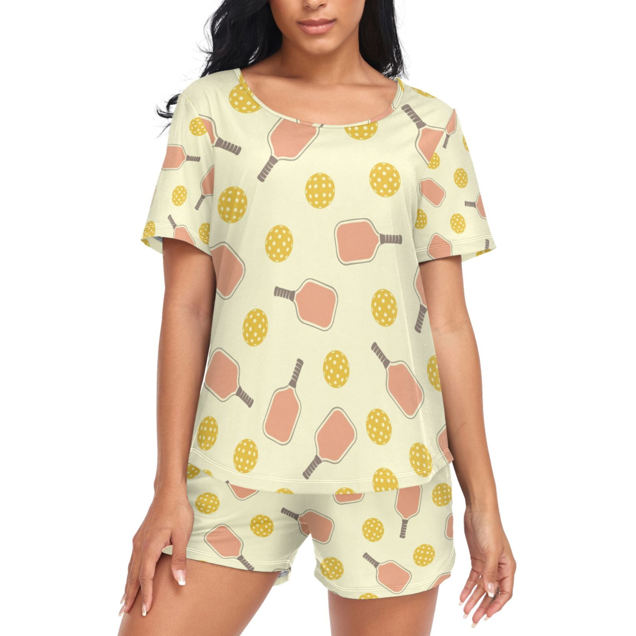 joogoo Women's Pajama Set Yellow Pickleball Balls Short Sleepwear Loungewear with Pockets L