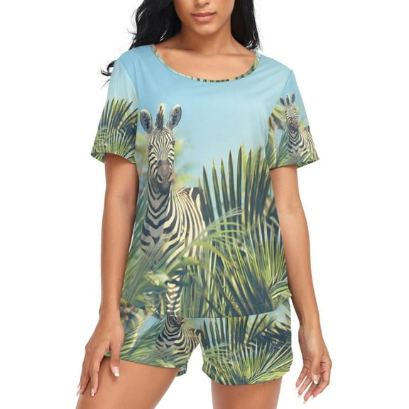joogoo Women's Pajama Set Zebra in Palm Tree Short Sleepwear Loungewear with Pockets XXL