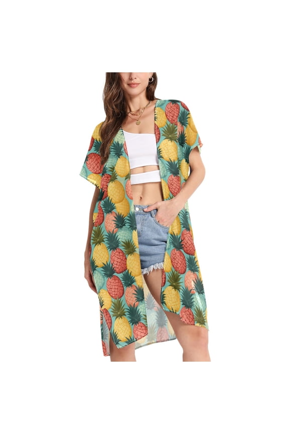 Women's Pineapple Abstract Beach Cover Up Kimono Swimsuit Summer Cardigan Swimwear M