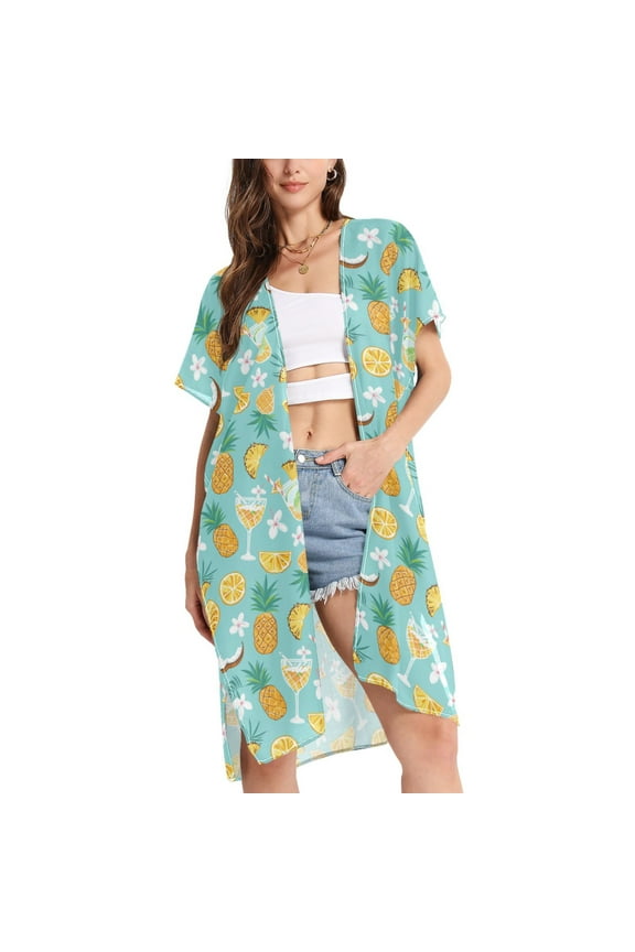 Women's Pineapple Juice Floral Beach Cover Up Kimono Swimsuit Summer Cardigan Swimwear S