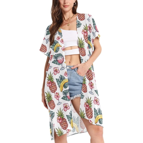 joogoo Women's Pineapple and Palm Leaves Beach Cover Up Kimono Swimsuit Summer Cardigan Swimwear M