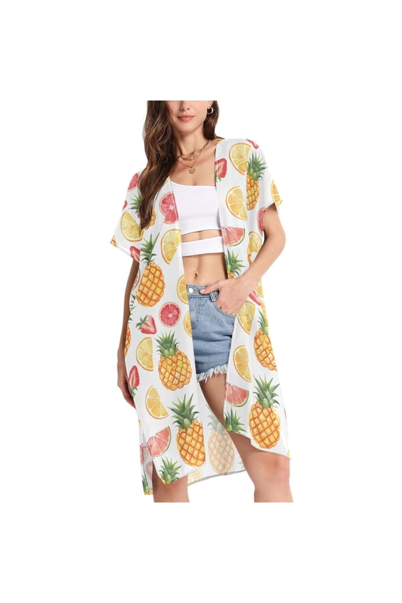 Women's Pineapple and Strawberry Beach Cover Up Kimono Swimsuit Summer Cardigan Swimwear L