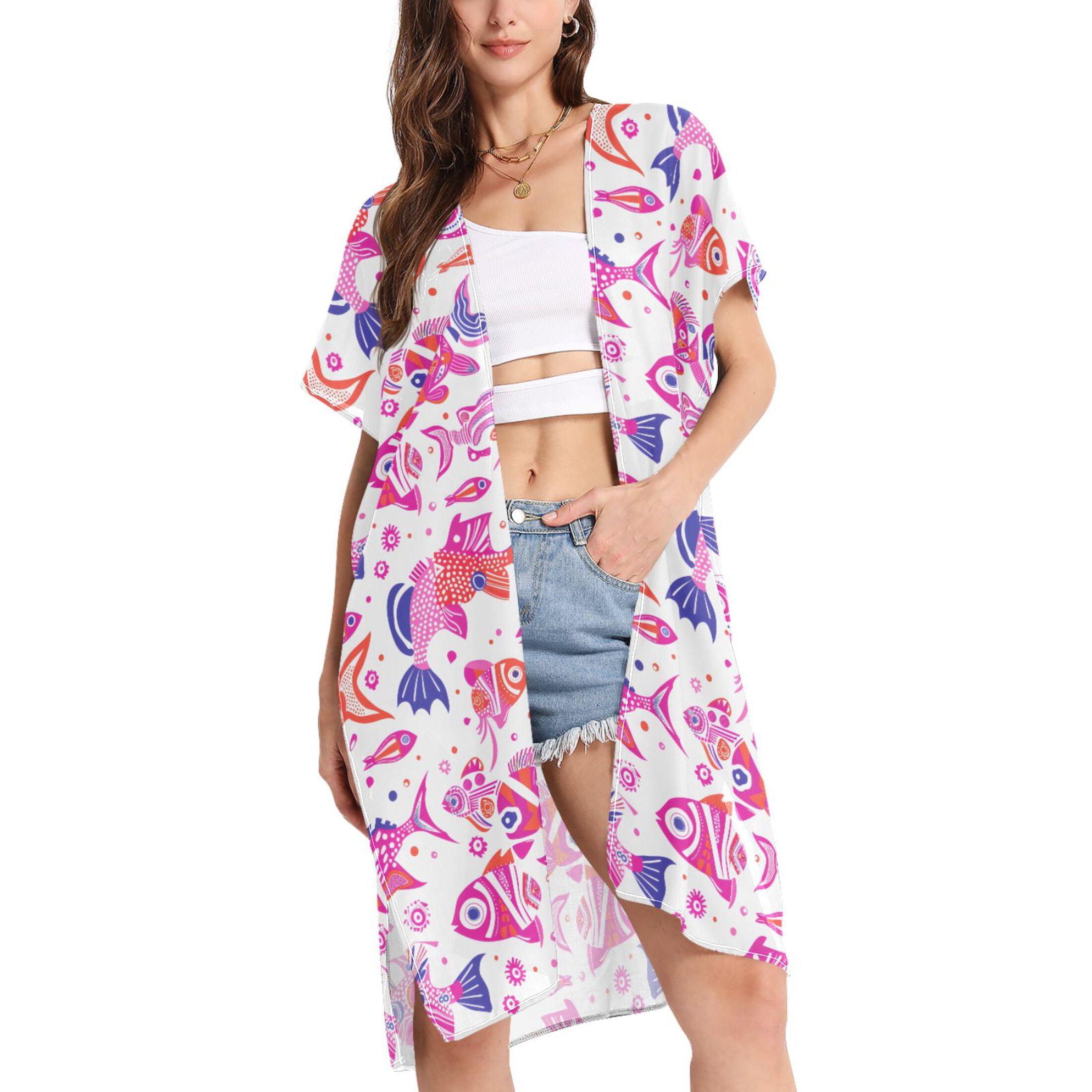 SHAREYOIU Women's Floral Peacock Kimono Cardigan - Boho Swim Cover Up, Small (Moon)