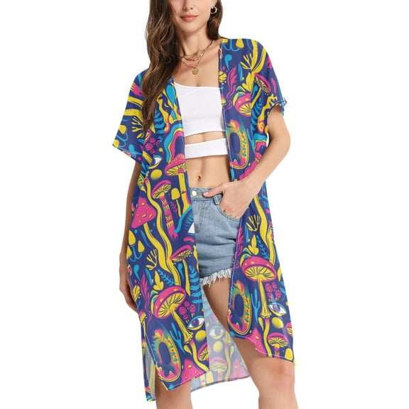 joogoo Women's Psychedelic Mushroom and Eye Beach Cover Up Kimono Swimsuit Summer Cardigan Swimwear L