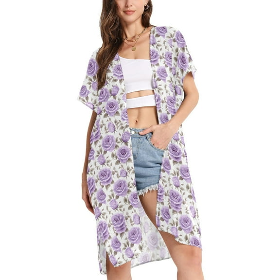 joogoo Women's Purple Rose Flowers Beach Cover Up Kimono Swimsuit Summer Cardigan Swimwear S