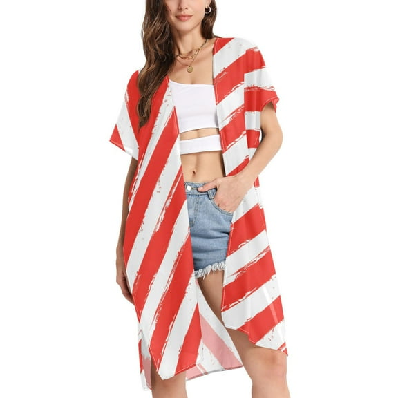 joogoo Women's Red and White Art Stripes Beach Cover Up Kimono Swimsuit Summer Cardigan Swimwear S