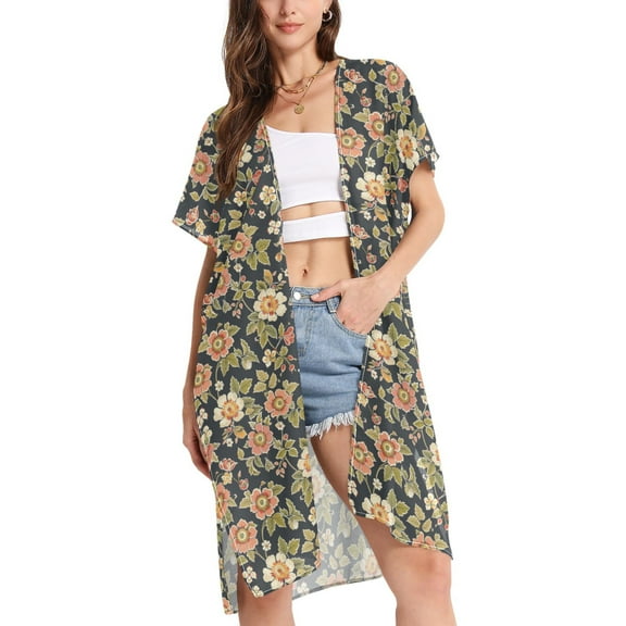 joogoo Women's Retro Flowers with Leaf Beach Cover Up Kimono Swimsuit Summer Cardigan Swimwear L