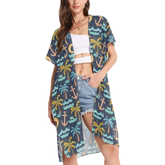joogoo Women's Retro Palm Trees and Spear Beach Cover Up Kimono Swimsuit Summer Cardigan Swimwear M