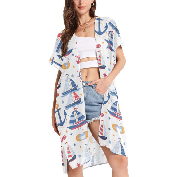 joogoo Women's Sailing Ship Beach Cover Up Kimono Swimsuit Summer Cardigan Swimwear L