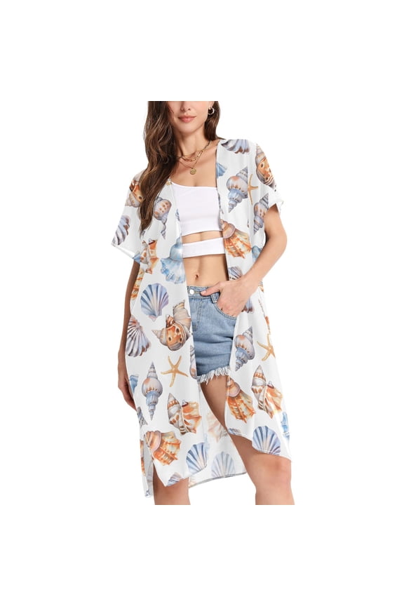 Women's Sea Shell Coach Beach Cover Up Kimono Swimsuit Summer Cardigan Swimwear L