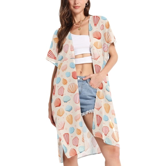 joogoo Women's Seashells Colorful Beach Cover Up Kimono Swimsuit Summer Cardigan Swimwear L