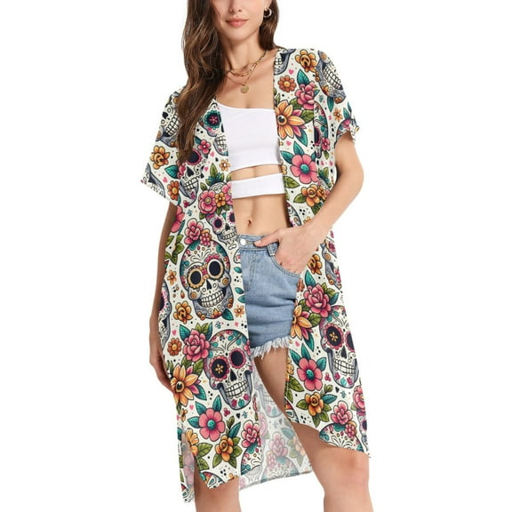 joogoo Women's Skull Skeletons and Flowers Beach Cover Up Kimono Swimsuit Summer Cardigan Swimwear M