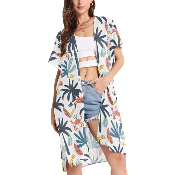joogoo Women's Summer Palm Tree and Crabs Beach Cover Up Kimono Swimsuit Summer Cardigan Swimwear M