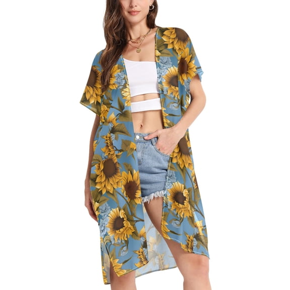 joogoo Women's Sunflowers Beach Cover Up Kimono Swimsuit Summer Cardigan Swimwear L