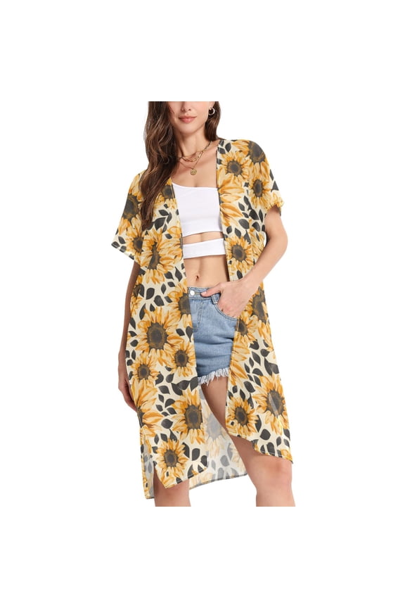 Women's Sunflowers on Leopard Beach Cover Up Kimono Swimsuit Summer Cardigan Swimwear L
