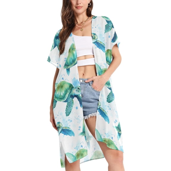 joogoo Women's Turtles in Ocean Beach Cover Up Kimono Swimsuit Summer Cardigan Swimwear M