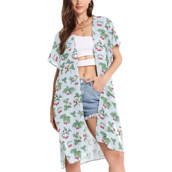 joogoo Women's Watercolor Cherry and Leaves Beach Cover Up Kimono Swimsuit Summer Cardigan Swimwear S