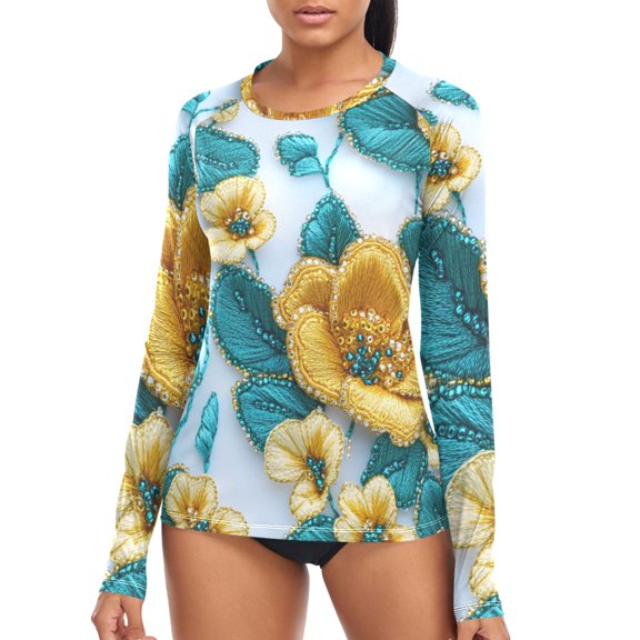 joogoo Womens UPF 50 Sun Shirts 3d Flowers Long Sleeve UV Protection Rash Guard Tops XL