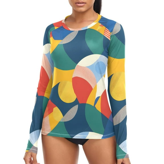joogoo Womens UPF 50  Rash Guard Abstract Colorful Line Shape Long Sleeve UV Protection Sun Shirts Tops L