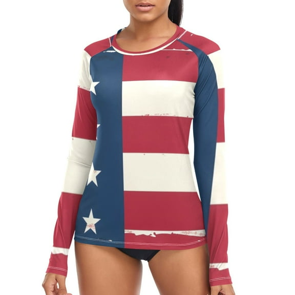 joogoo Womens UPF 50+ Sun Shirts American Flag Long Sleeve UV Protection Rash Guard Tops S