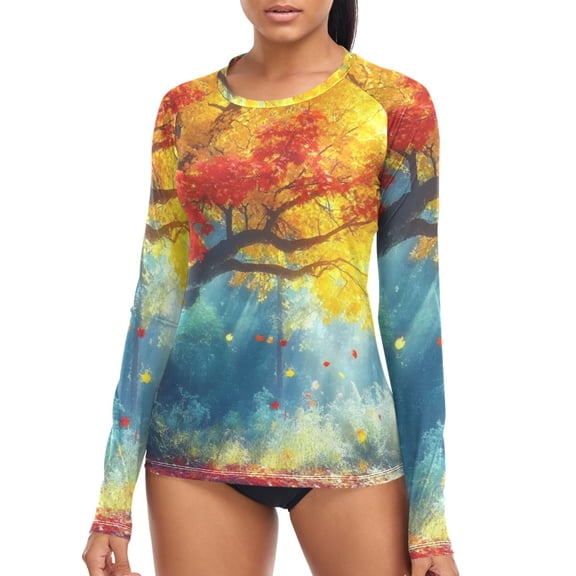 joogoo Womens UPF 50  Rash Guard Autumn Golden Tree Long Sleeve UV Protection Sun Shirts Tops XS