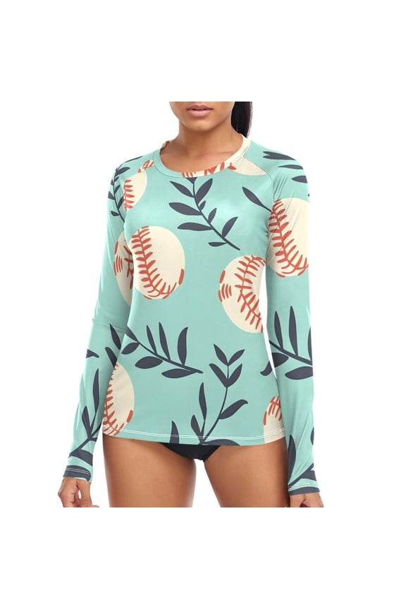 Womens UPF 50+ Sun Shirts Baseball Leaf Long Sleeve UV Protection Rash Guard Tops XL