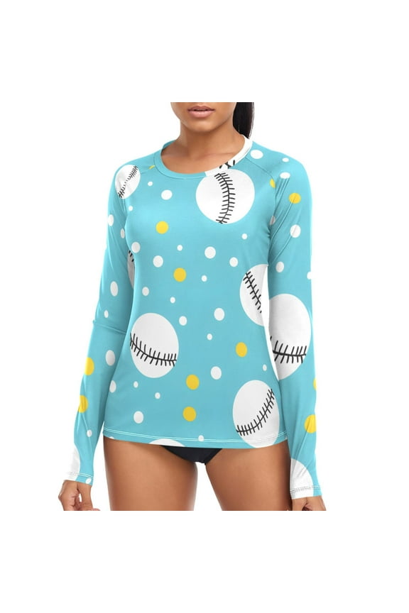 Womens UPF 50+ Sun Shirts Baseball Polka Dots Long Sleeve UV Protection Rash Guard Tops M