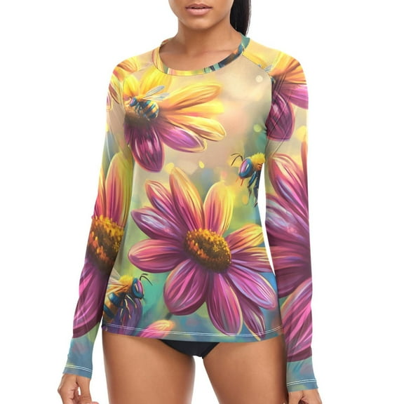joogoo Womens UPF 50  Sun Shirts Bee on Flowers Long Sleeve UV Protection Rash Guard Tops XS