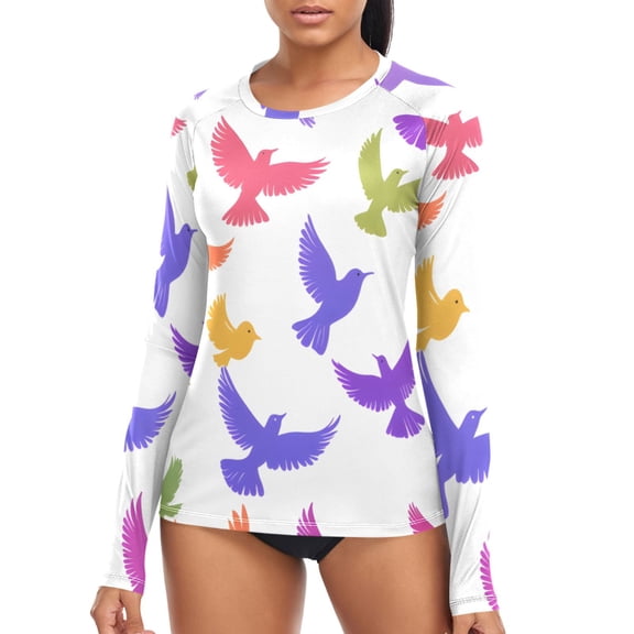 joogoo Womens UPF 50  Sun Shirts Bird Pattern Long Sleeve UV Protection Rash Guard Tops XS