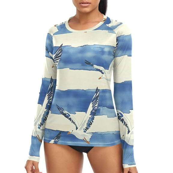 joogoo Womens UPF 50  Sun Shirts Bird on Stripes Long Sleeve UV Protection Rash Guard Tops S