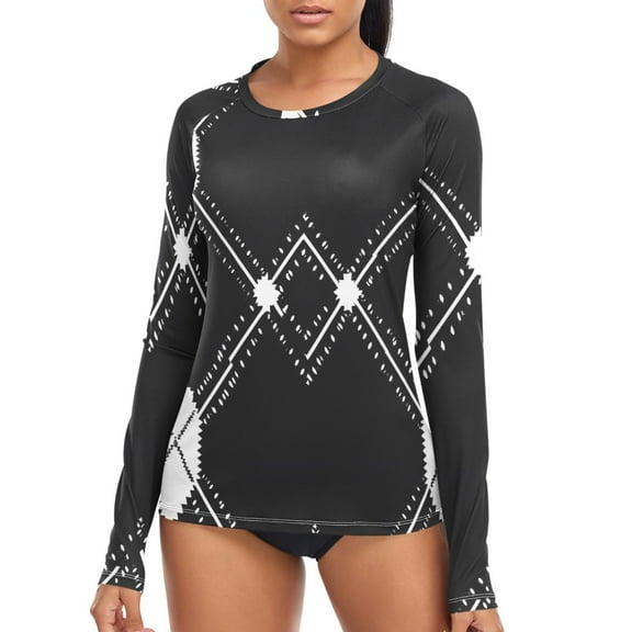 joogoo Womens UPF 50  Rash Guard Black White Plaid Checkered Long Sleeve UV Protection Sun Shirts Tops M