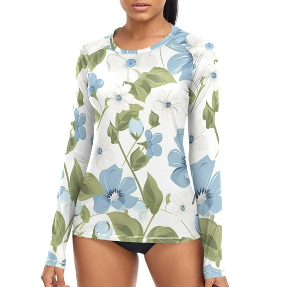 joogoo Womens UPF 50 Sun Shirts Blue Blooming Flower Long Sleeve UV Protection Rash Guard Tops S