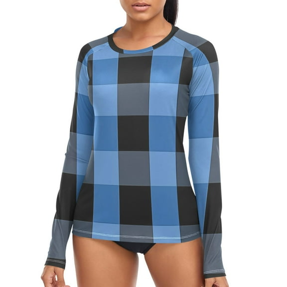 joogoo Womens UPF 50  Sun Shirts Blue Checkered Grid Pattern Long Sleeve UV Protection Rash Guard Tops L
