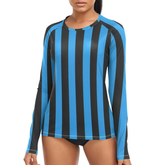 joogoo Womens UPF 50  Rash Guard Blue and Black Stripes Long Sleeve UV Protection Sun Shirts Tops XL