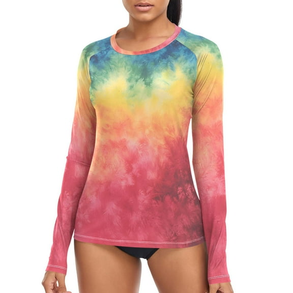 joogoo Womens UPF 50  Rash Guard Blue and Red Tie Dye Long Sleeve UV Protection Sun Shirts Tops XL