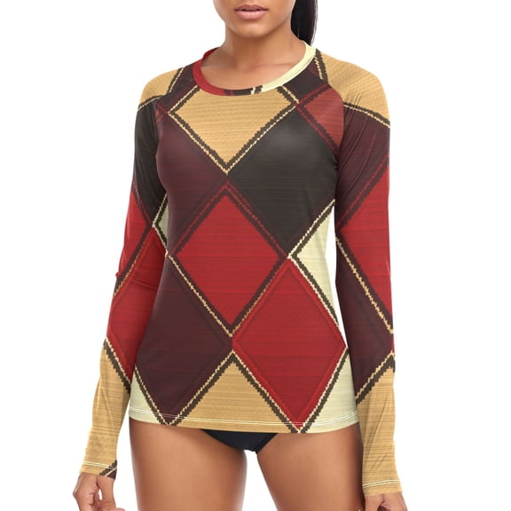 joogoo Womens UPF 50  Sun Shirts Brown Checkered Plaid Pattern Long Sleeve UV Protection Rash Guard Tops S