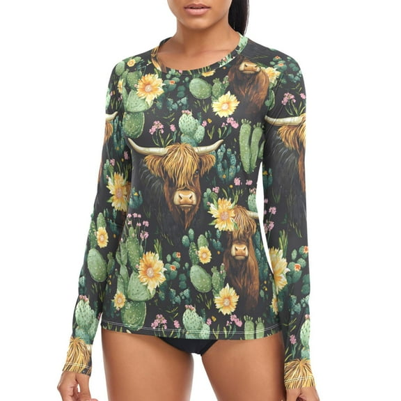 joogoo Womens UPF 50 Rash Guard Cactus Highland Cattle Long Sleeve UV Protection Sun Shirts Tops S
