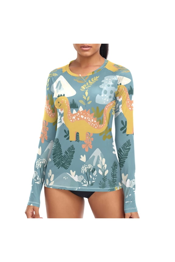 Womens UPF 50+ Rash Guard Cartoon Dinosaurs Long Sleeve UV Protection Sun Shirts Tops XS