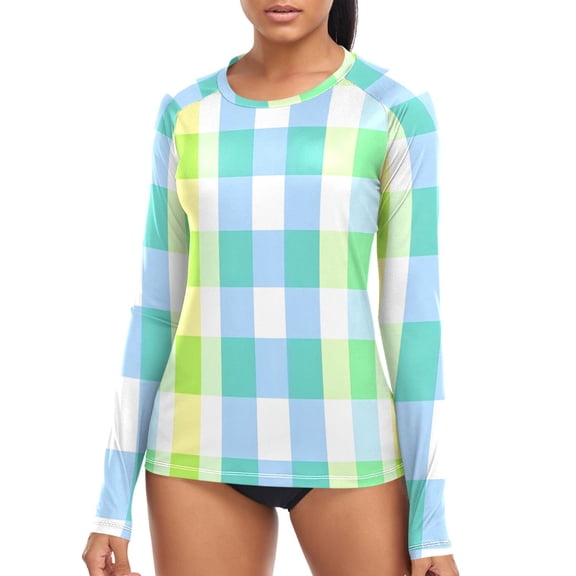 joogoo Womens UPF 50  Rash Guard Checkered Grid-t5 Long Sleeve UV Protection Sun Shirts Tops S