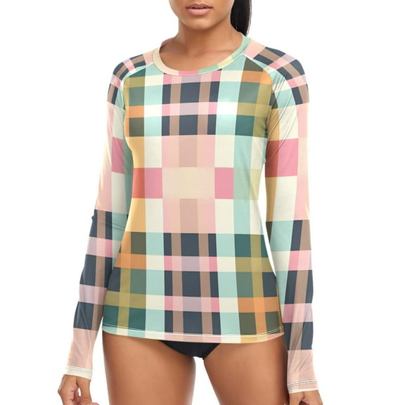 joogoo Womens UPF 50+ Rash Guard Checkered Pattern Grid Long Sleeve UV Protection Sun Shirts Tops S